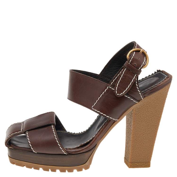 Pre Owned Yves Saint Laurent Brown Leather Ankle Strap Sandals Size 37