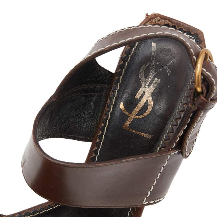 Pre Owned Yves Saint Laurent Brown Leather Ankle Strap Sandals Size 37