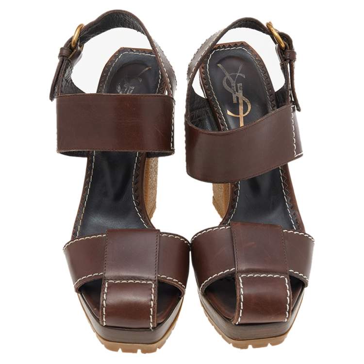 Pre Owned Yves Saint Laurent Brown Leather Ankle Strap Sandals Size 37