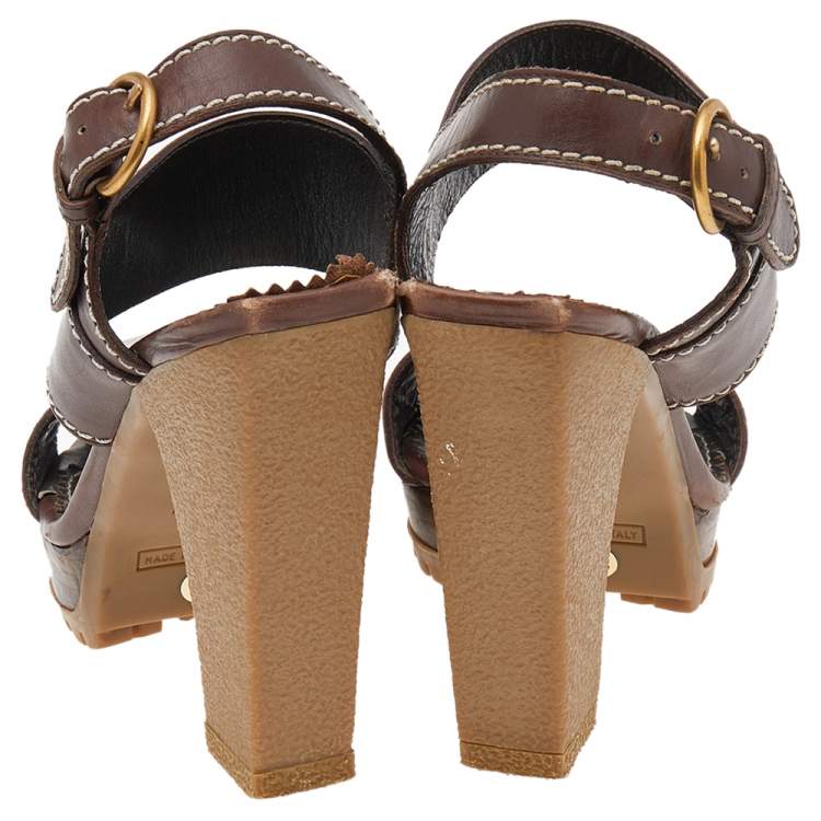 Pre Owned Yves Saint Laurent Brown Leather Ankle Strap Sandals Size 37