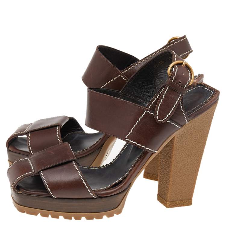 Pre Owned Yves Saint Laurent Brown Leather Ankle Strap Sandals Size 37