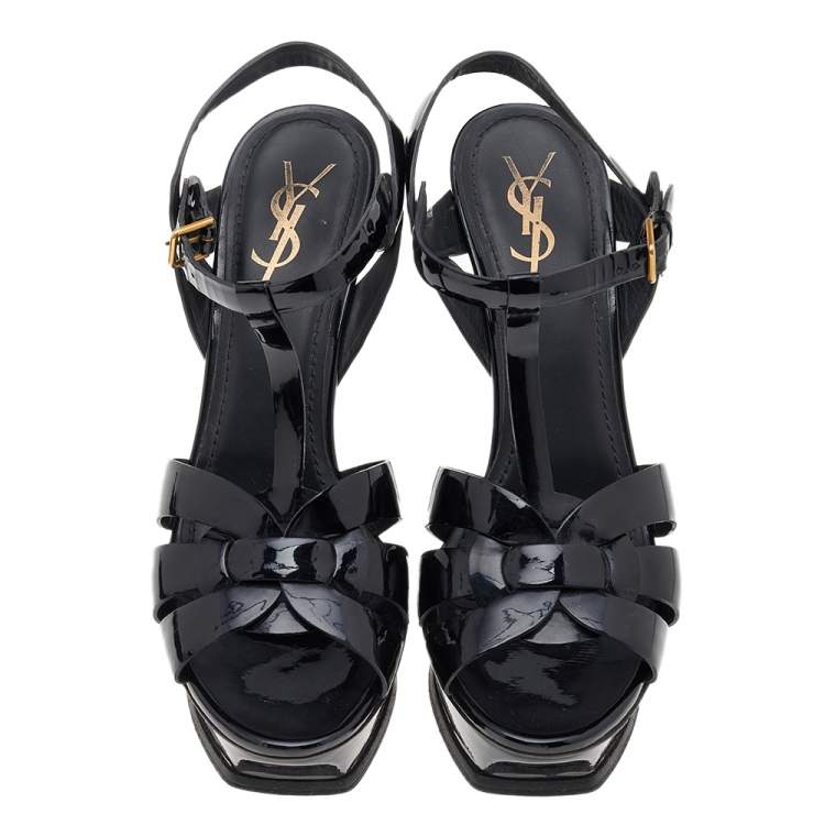 مملوكة مسبقًا Yves Saint Laurent Black Patent Leather Tribute Platform Ankle Strap Sandals Size 40