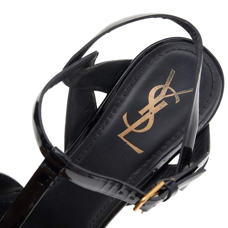 مملوكة مسبقًا Yves Saint Laurent Black Patent Leather Tribute Platform Ankle Strap Sandals Size 40