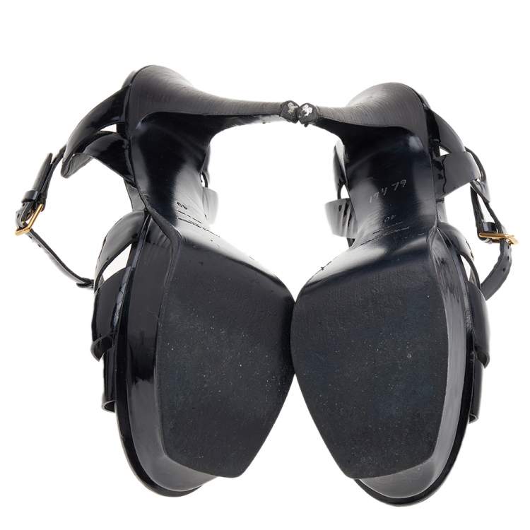 مملوكة مسبقًا Yves Saint Laurent Black Patent Leather Tribute Platform Ankle Strap Sandals Size 40