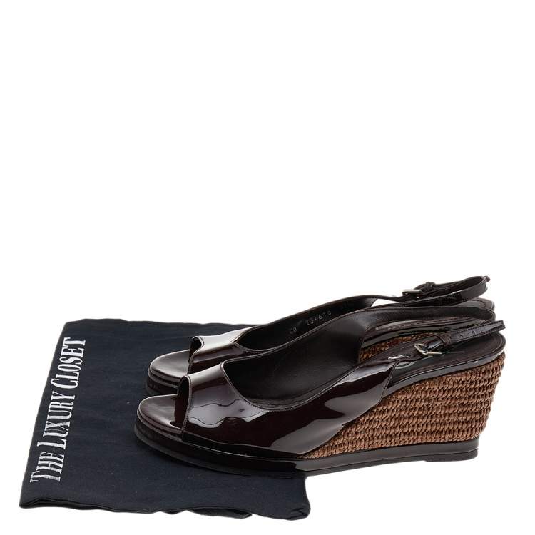 Pre Owned Yves Saint Laurent Dark Brown Patent Leather Wedge Slingback Sandals Size 37.5