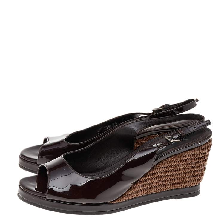 Pre Owned Yves Saint Laurent Dark Brown Patent Leather Wedge Slingback Sandals Size 37.5