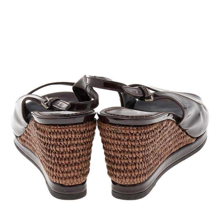 Pre Owned Yves Saint Laurent Dark Brown Patent Leather Wedge Slingback Sandals Size 37.5