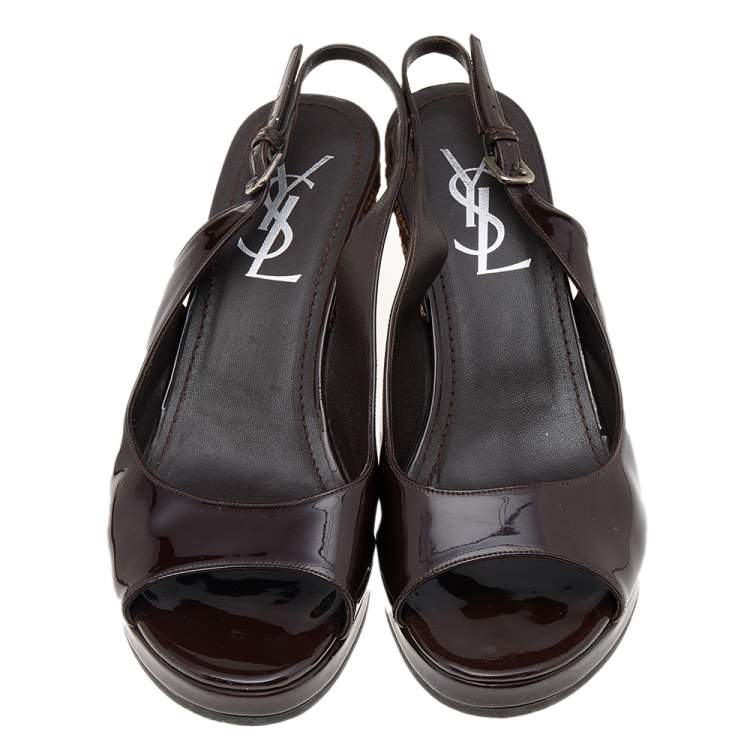 Pre Owned Yves Saint Laurent Dark Brown Patent Leather Wedge Slingback Sandals Size 37.5