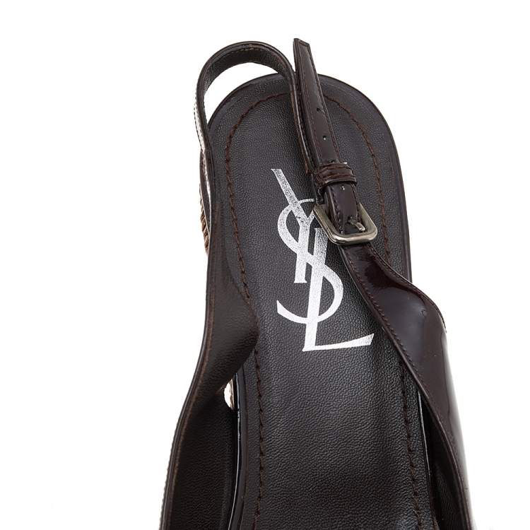 Pre Owned Yves Saint Laurent Dark Brown Patent Leather Wedge Slingback Sandals Size 37.5