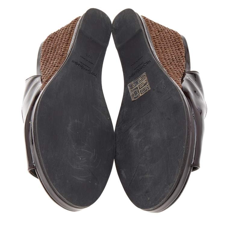 Pre Owned Yves Saint Laurent Dark Brown Patent Leather Wedge Slingback Sandals Size 37.5