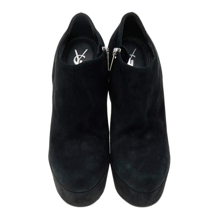 Pre Owned Yves Saint Laurent Black Suede Platform Ankle Boots Size 40