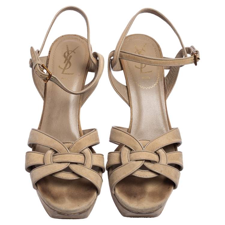 Pre Owned Yves Saint Laurent Beige Suede Tribute Sandals Size 38.5
