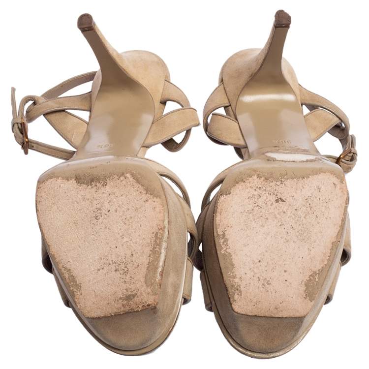 Pre Owned Yves Saint Laurent Beige Suede Tribute Sandals Size 38.5