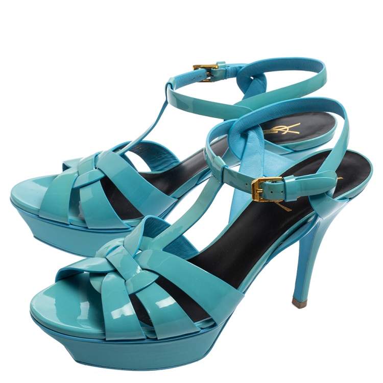 Pre Owned Saint Laurent Blue Patent Leather Tribute Platform Sandals Size 39