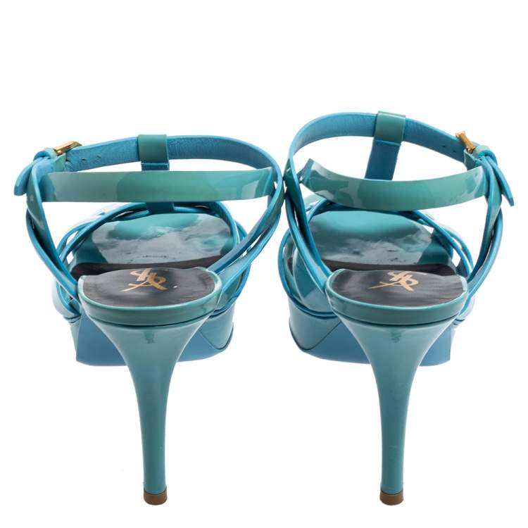 Pre Owned Saint Laurent Blue Patent Leather Tribute Platform Sandals Size 39