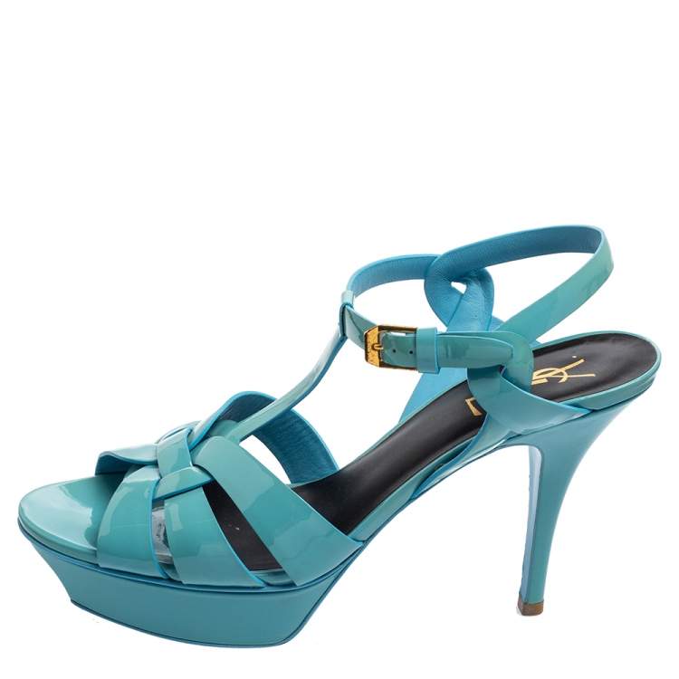 Pre Owned Saint Laurent Blue Patent Leather Tribute Platform Sandals Size 39