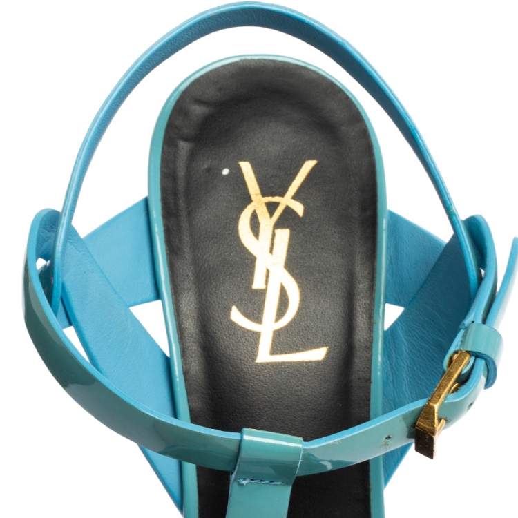 Pre Owned Saint Laurent Blue Patent Leather Tribute Platform Sandals Size 39
