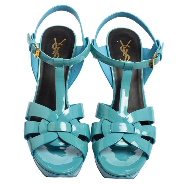 Pre Owned Saint Laurent Blue Patent Leather Tribute Platform Sandals Size 39