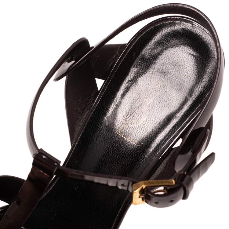 Pre Owned Yves Saint Laurent Burgundy Patent Leather Tribute Sandals Size 38