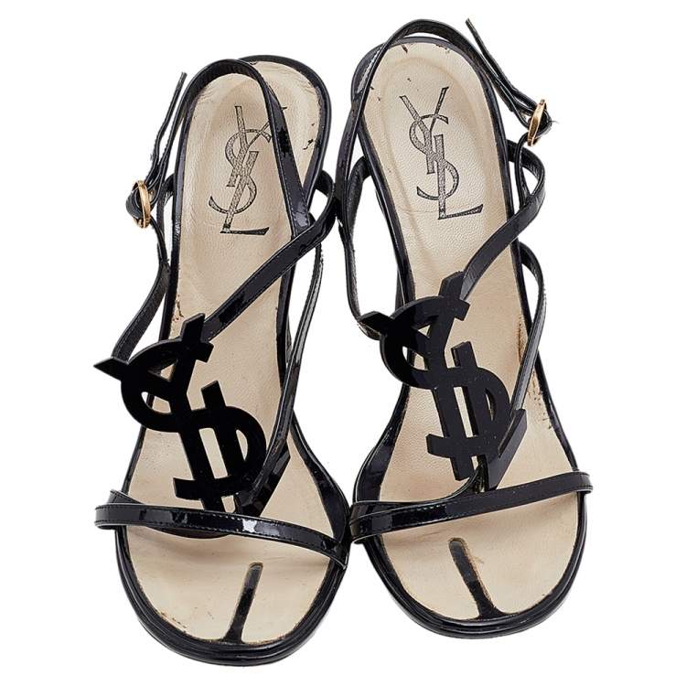 Pre Owned Yves Saint Laurent Black Patent Leather Hero Slingback Sandals Size 35