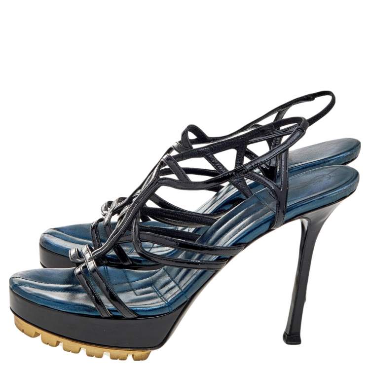 Pre Owned Yves Saint Laurent Black Patent Leather Strappy Platform Sandals Size 36.5