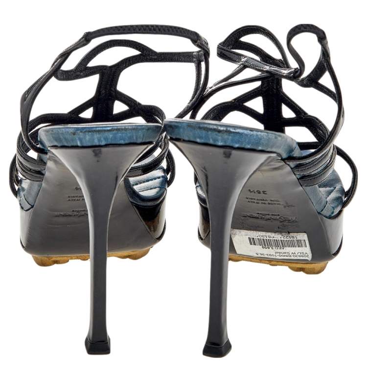 Pre Owned Yves Saint Laurent Black Patent Leather Strappy Platform Sandals Size 36.5