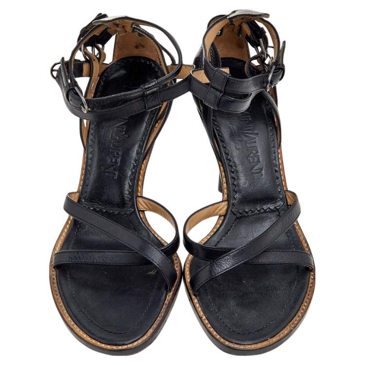 مملوكة مسبقًا Yves Saint Laurent Black Leather Ankle Strap Sandals Size 36