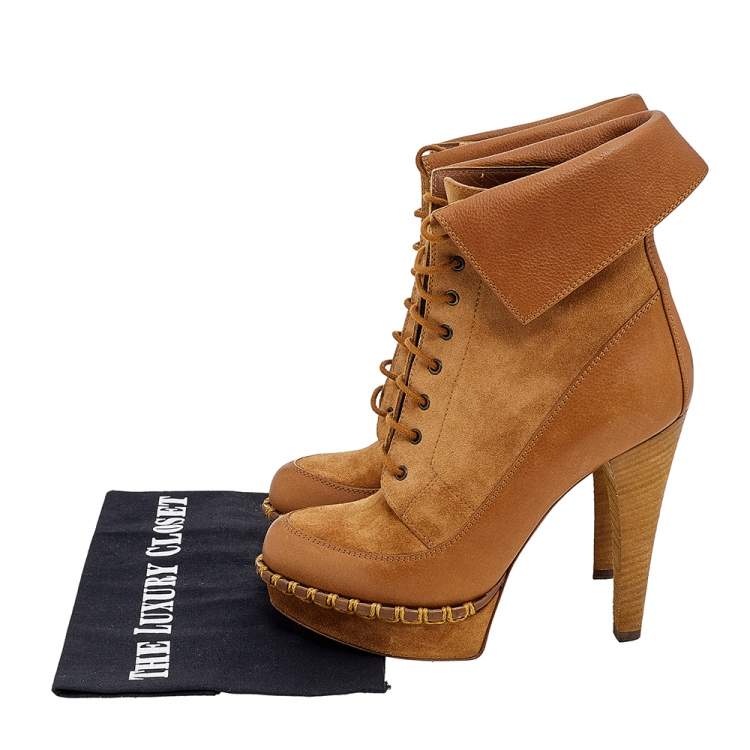 Pre Owned Yves Saint Laurent Brown Suede and Leather Platform Ankle Boots Size 37