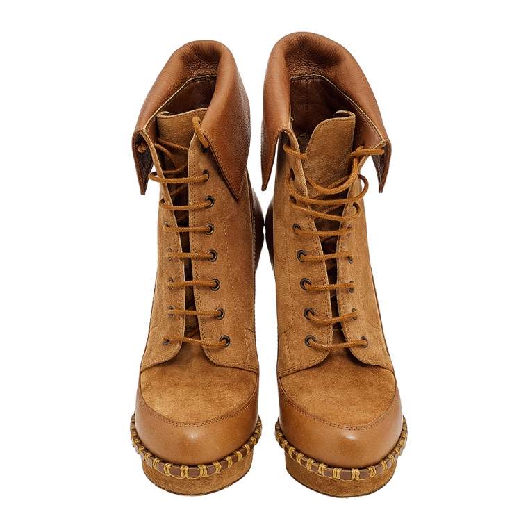 Pre Owned Yves Saint Laurent Brown Suede and Leather Platform Ankle Boots Size 37