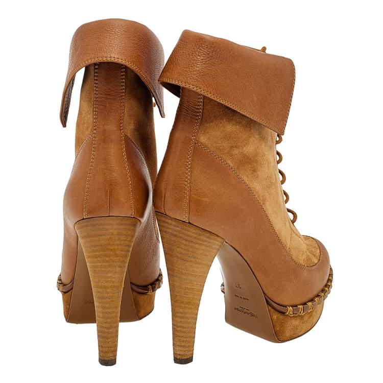 Pre Owned Yves Saint Laurent Brown Suede and Leather Platform Ankle Boots Size 37