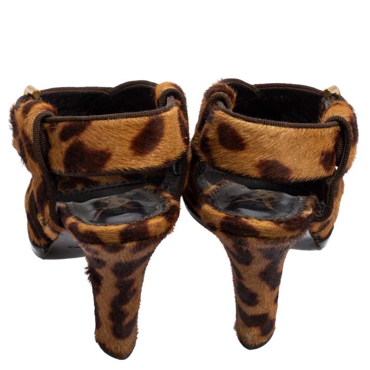 Pre Owned Saint Laurent Brown Leopard Print Calf Hair Slingback Sandals Size 36.5