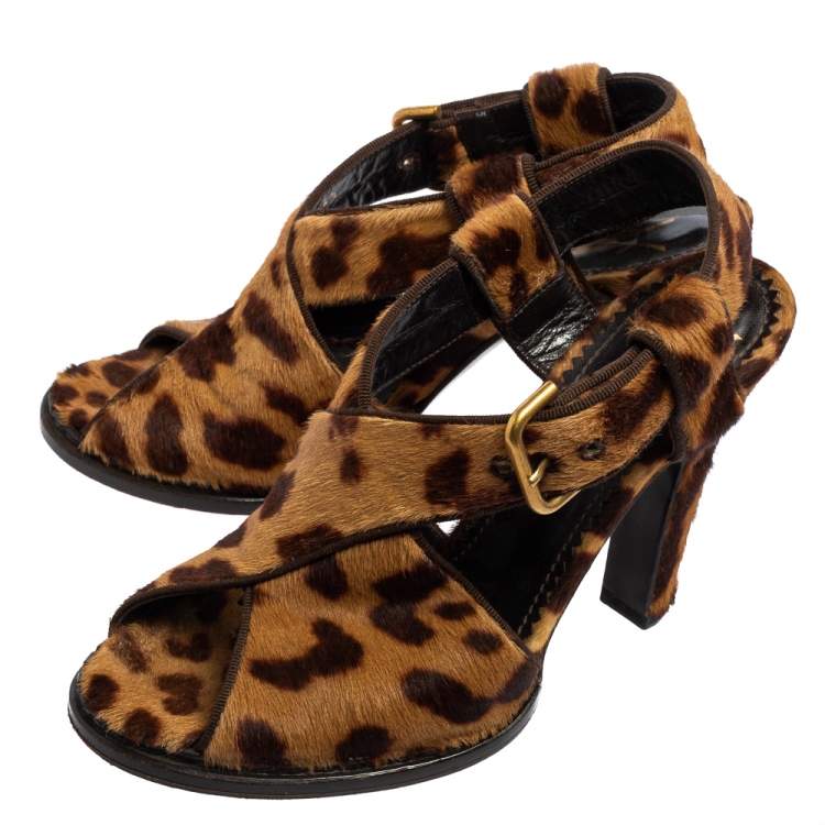 Pre Owned Saint Laurent Brown Leopard Print Calf Hair Slingback Sandals Size 36.5