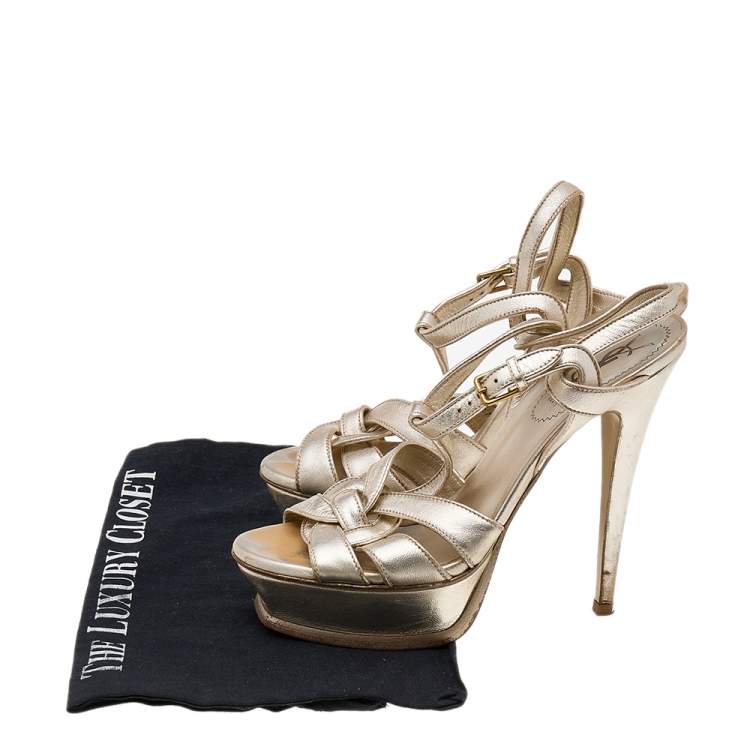 Pre Owned Yves Saint Laurent Gold Leather Tribute Platform Sandals Size 37