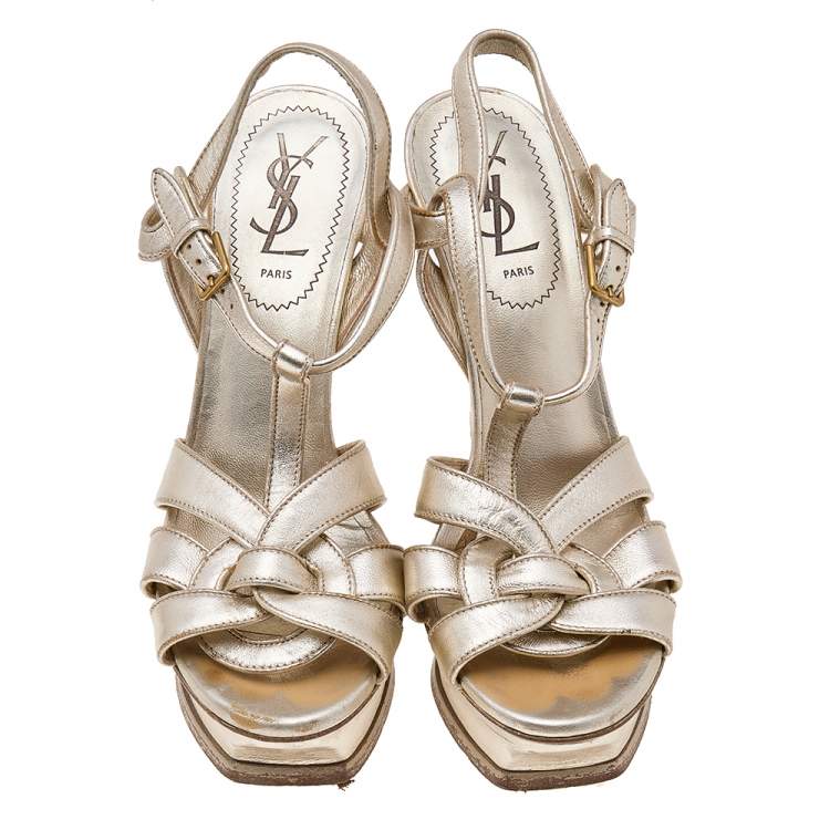Pre Owned Yves Saint Laurent Gold Leather Tribute Platform Sandals Size 37