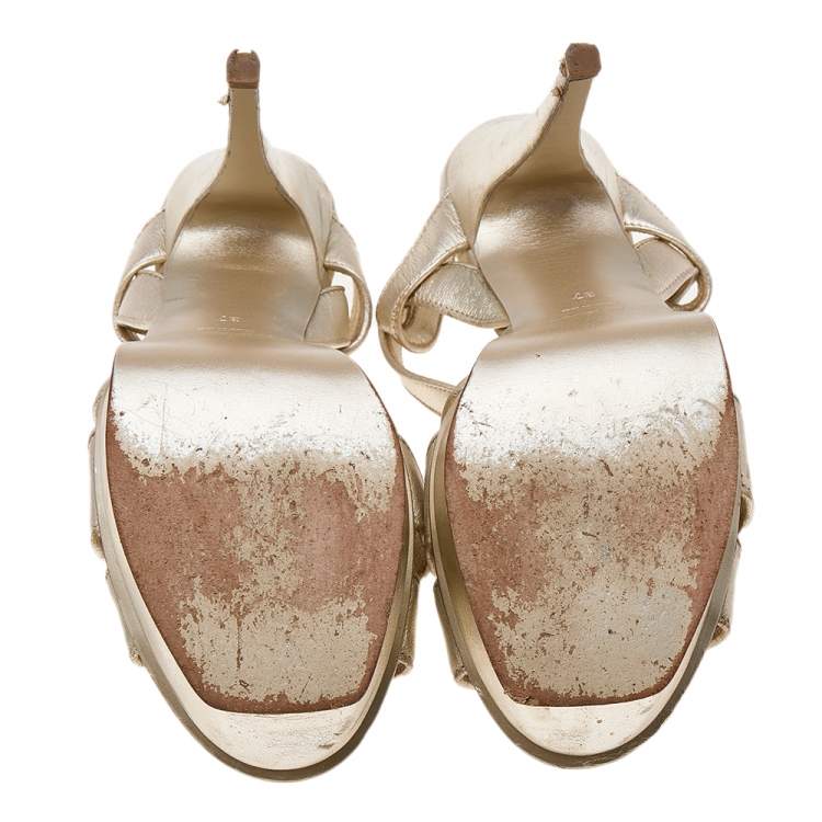Pre Owned Yves Saint Laurent Gold Leather Tribute Platform Sandals Size 37