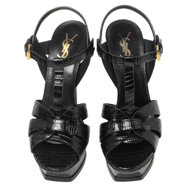 مملوكة مسبقًا Saint Laurent Black Lizard Embossed Leather Tribute Platform Sandals Size 37 