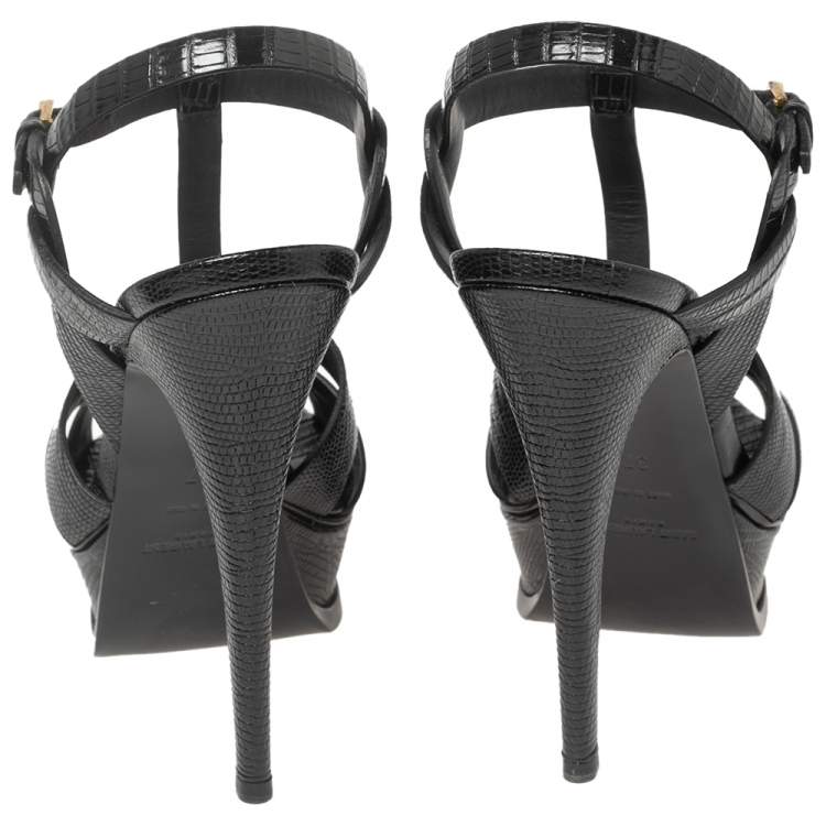 مملوكة مسبقًا Saint Laurent Black Lizard Embossed Leather Tribute Platform Sandals Size 37 