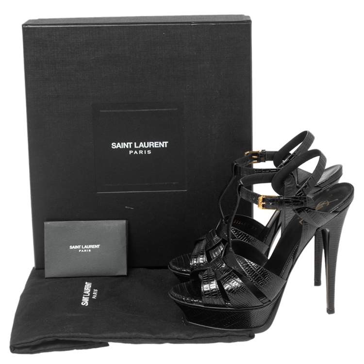 مملوكة مسبقًا Saint Laurent Black Lizard Embossed Leather Tribute Platform Sandals Size 37 