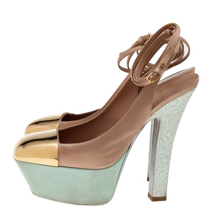 Pre Owned Yves Saint Laurent Gold/Brown Satin Platform Sandals Size 40