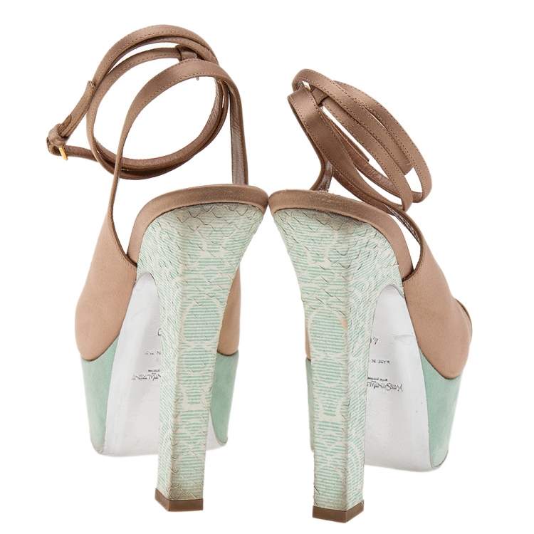 Pre Owned Yves Saint Laurent Gold/Brown Satin Platform Sandals Size 40