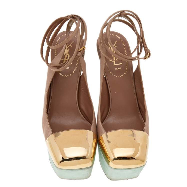 Pre Owned Yves Saint Laurent Gold/Brown Satin Platform Sandals Size 40
