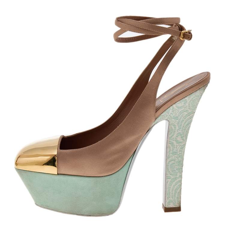 Pre Owned Yves Saint Laurent Gold/Brown Satin Platform Sandals Size 40