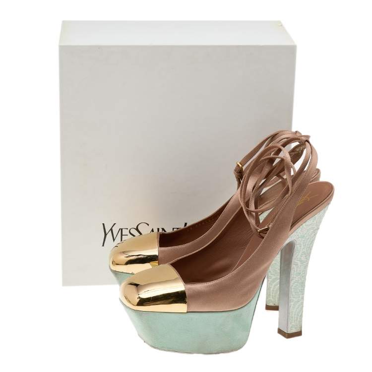 Pre Owned Yves Saint Laurent Gold/Brown Satin Platform Sandals Size 40