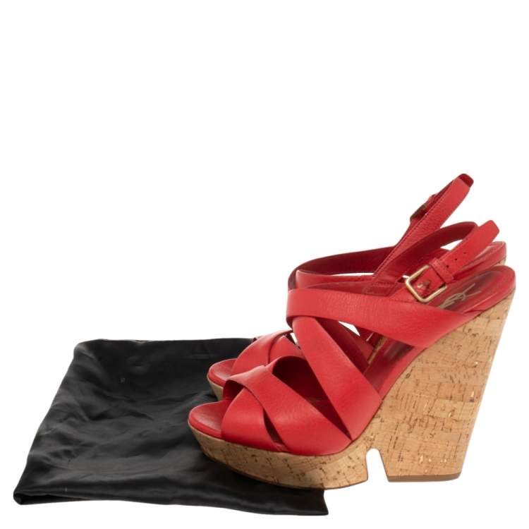 Pre Owned Yves Saint Laurent Red Leather Deauville Cork Wedge Slingback Sandals Size 40