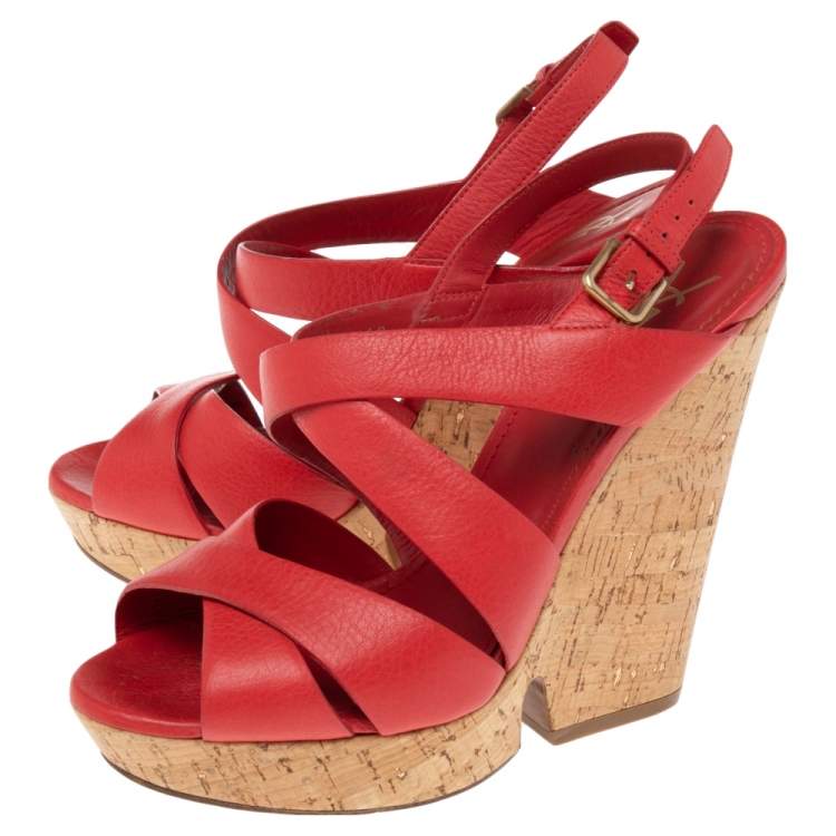 Pre Owned Yves Saint Laurent Red Leather Deauville Cork Wedge Slingback Sandals Size 40