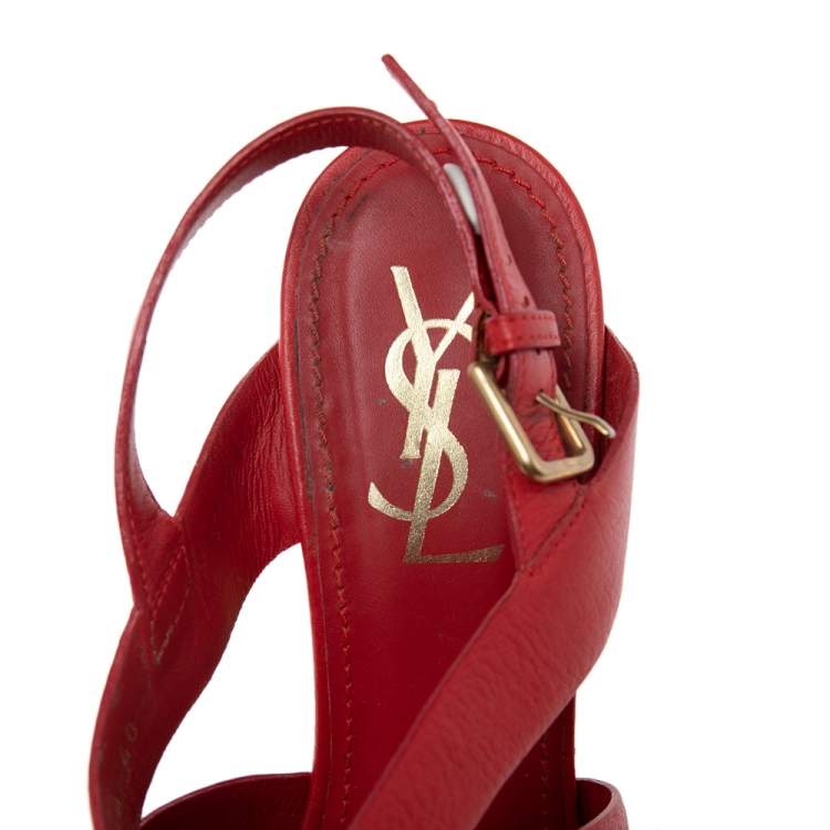 Pre Owned Yves Saint Laurent Red Leather Deauville Cork Wedge Slingback Sandals Size 40