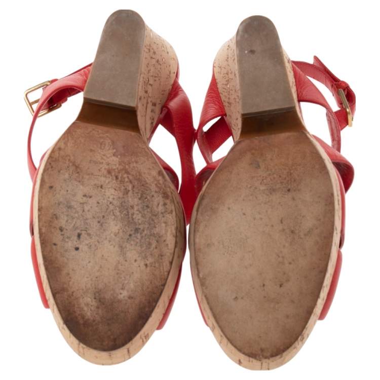 Pre Owned Yves Saint Laurent Red Leather Deauville Cork Wedge Slingback Sandals Size 40