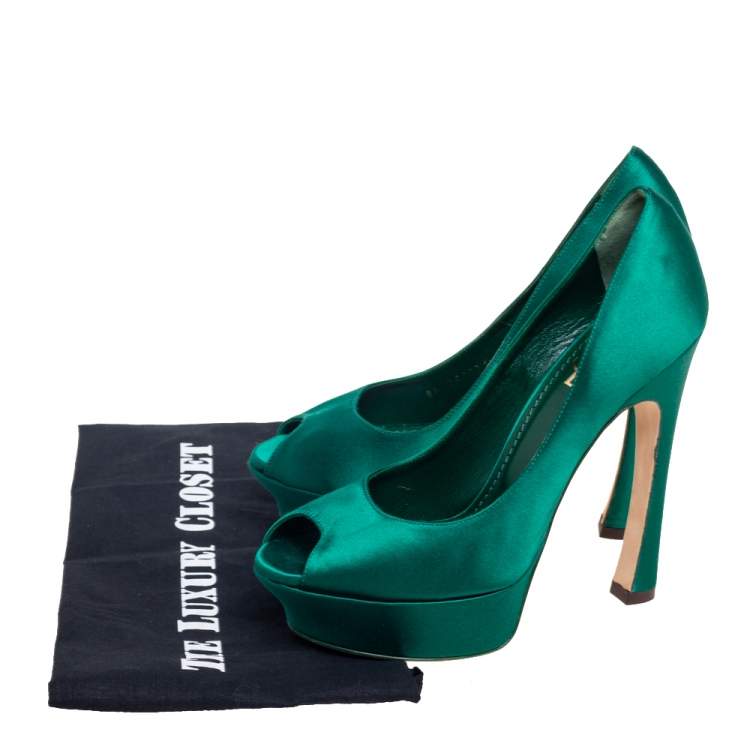 Pre Owned Yves Saint Laurent Green Satin Palais Platform Peep Toe Pumps Size 39