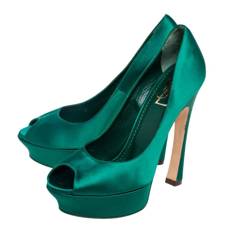 Pre Owned Yves Saint Laurent Green Satin Palais Platform Peep Toe Pumps Size 39