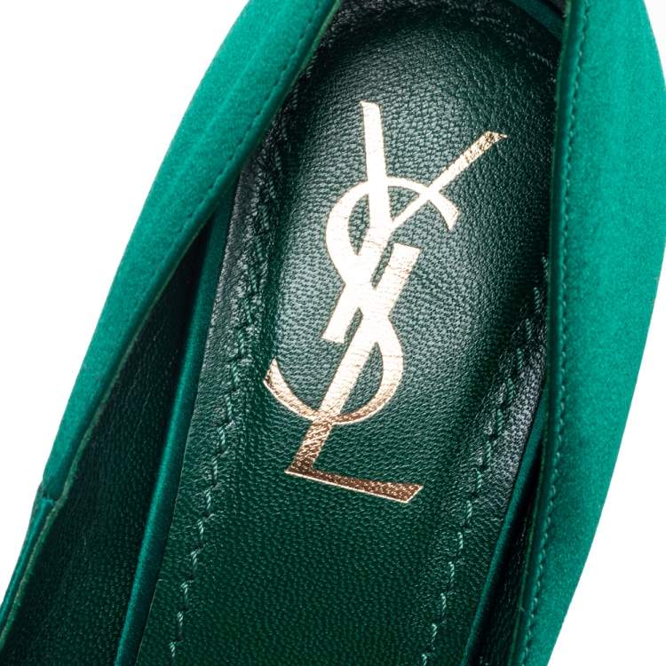 Pre Owned Yves Saint Laurent Green Satin Palais Platform Peep Toe Pumps Size 39